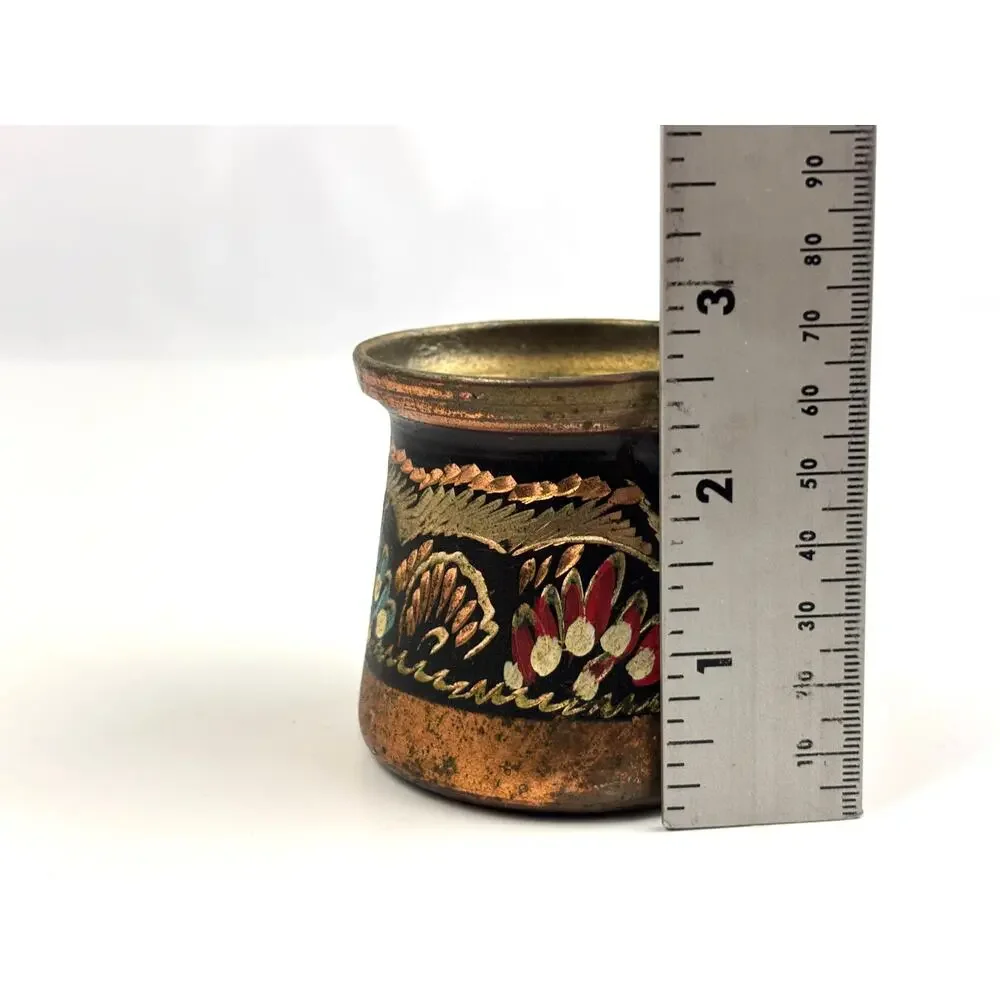 Vintage Turkish Hand Painted Copper Coffee Pot Kettle Decor Cezve Wooden Handle‎